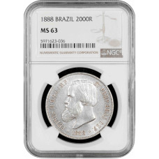 Brazil 2000 reis 1888, NGC MS63, "Emperor Pedro II (1831 - 1889)"