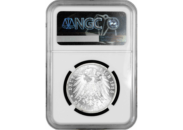 Saxe-Meiningen 3 mark 1915, NGC MS65, "Death of Georg II" silver coin