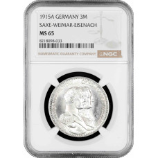 Saxe-Weimar-Eisenach 3 mark 1915 A, NGC MS65, "100th Anniversary - Grand Duke's"