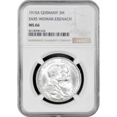 Saxe-Weimar-Eisenach 3 mark 1915 A, NGC MS66, "100th Anniversary - Grand Duke's"