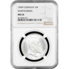 Wurttemberg 3 mark 1909, NGC MS64, "King William II (1891 - 1918)" silver coin
