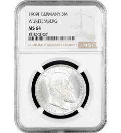 Wurttemberg 3 mark 1909, NGC MS64, "King William II (1891 - 1918)" silver coin