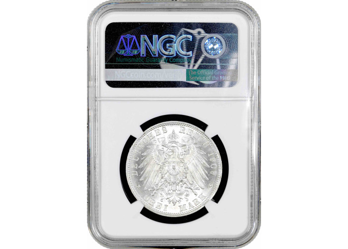 Wurttemberg 3 mark 1909, NGC MS64, "King William II (1891 - 1918)" silver coin