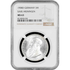 Saxe-Meiningen 3 mark 1908 D, NGC MS63, "Duke George II (1866 - 1914)" silver