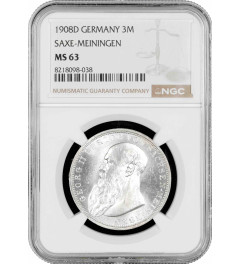 Saxe-Meiningen 3 mark 1908 D, NGC MS63, "Duke George II (1866 - 1914)" silver