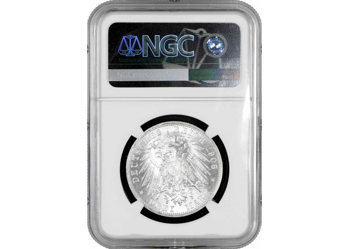 Saxe-Meiningen 3 mark 1908 D, NGC MS63, "Duke George II (1866 - 1914)" silver