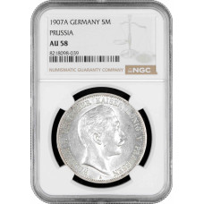 Prussia 5 mark 1907 A, NGC AU58, "King Wilhelm II (1888 - 1918)" silver coin