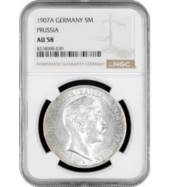 Prussia 5 mark 1907 A, NGC AU58, "King Wilhelm II (1888 - 1918)" silver coin
