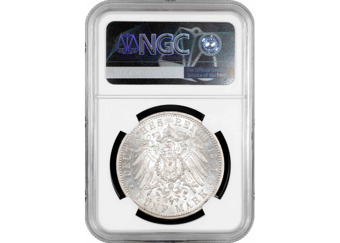 Prussia 5 mark 1907 A, NGC AU58, "King Wilhelm II (1888 - 1918)" silver coin