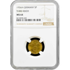 Germany - Third Reich 5 reichspfennig 1936 A, NGC MS64, "Nazi (1933 - 1945)"
