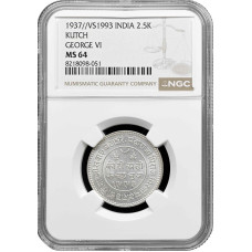 India 2.5 kori 1937, NGC MS64, "Princely State of Kutch (1862 - 1948)"