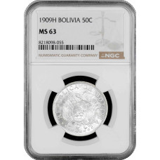 Bolivia 50 centavos 1909 H, NGC MS63, "Republic of Bolivia (1870 - 1963)"