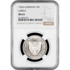 Weimar Republic 3 reichsmark 1926 A, NGC MS65, "700 Years of Freedom for Lübeck"