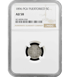 Puerto Rico 5 centavos 1896 PGV, NGC AU58, "King Alfonso XIII (1886 - 1898)"