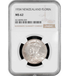 New Zealand 1 florin 1934, NGC MS62, "King George VI (1937 - 1952)" silver coin