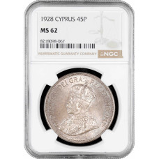 Cyprus 45 piastres 1928, NGC MS62, "50th Anniv. - English Cyprus" silver coin