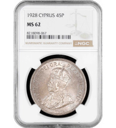Cyprus 45 piastres 1928, NGC MS62, "50th Anniv. - English Cyprus" silver coin