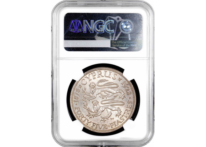 Cyprus 45 piastres 1928, NGC MS62, "50th Anniv. - English Cyprus" silver coin