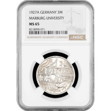 Weimar Republic 3 reichsmark 1927 A, NGC MS65, "Philipp University in Marburg"