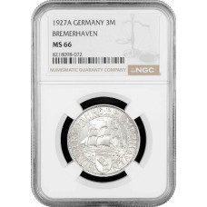 Weimar Republic 3 reichsmark 1927 A, NGC MS66, "100th Anniv. of Bremerhaven"