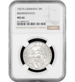 Weimar Republic 3 reichsmark 1927 A, NGC MS66, "100th Anniv. of Bremerhaven"