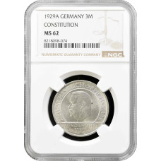 Weimar Republic 3 reichsmark 1929 A, NGC MS62, "Weimar Constitution" silver coin