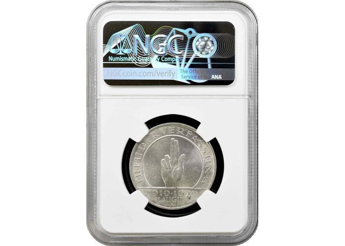 Weimar Republic 3 reichsmark 1929 A, NGC MS62, "Weimar Constitution" silver coin