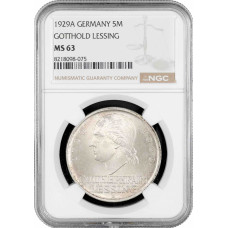 Weimar Republic 5 reichsmark 1929 A, NGC MS63, "200th Anniv. - Gotthold Lessing"