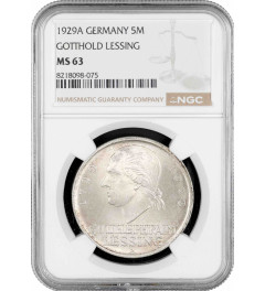 Weimar Republic 5 reichsmark 1929 A, NGC MS63, "200th Anniv. - Gotthold Lessing"