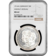 Anhalt-Dessau 5 mark 1914 A, NGC MS62, "Frederick II and Marie von Baden"