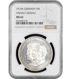 Anhalt-Dessau 5 mark 1914 A, NGC MS62, "Frederick II and Marie von Baden"