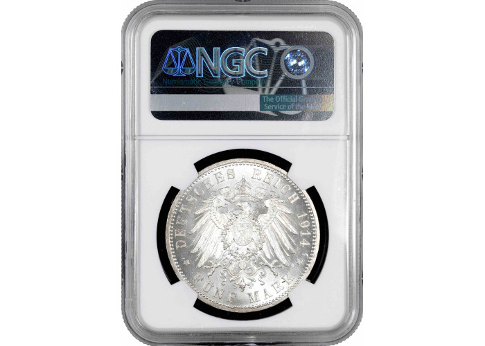 Anhalt-Dessau 5 mark 1914 A, NGC MS62, "Frederick II and Marie von Baden"