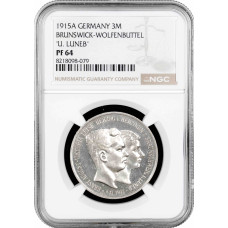 Brunswick-Wolfenbuttel 3 mark 1915, NGC PF64, "Ernst August Wedding & Accession"