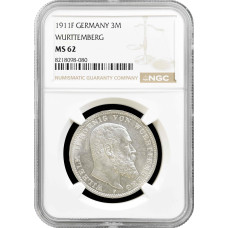 Wurttemberg 3 mark 1911 F, NGC MS62, "King William II (1891 - 1918)" silver coin