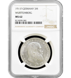 Wurttemberg 3 mark 1911 F, NGC MS62, "King William II (1891 - 1918)" silver coin