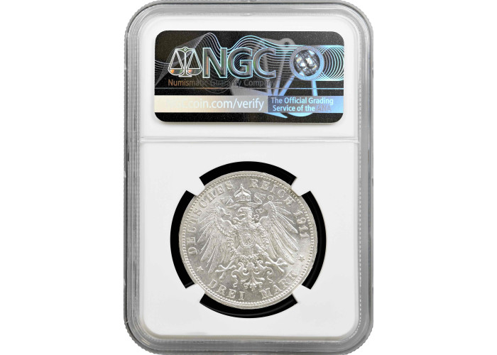 Wurttemberg 3 mark 1911 F, NGC MS62, "King William II (1891 - 1918)" silver coin