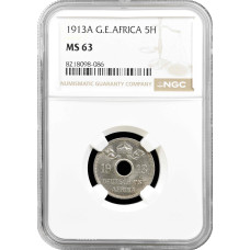 Германская Восточная Африка 5 геллеров 1913 г. J, NGC MS63, "Рупия (1904 - 1916)"