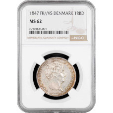 Данія 1 рігсбанкдалер 1847 FK VS, NGC MS62, "Король Крістіан VIII (1839 - 1848)"
