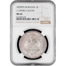 Bolivia 1 boliviano 1870 PTS ER, NGC MS62, "Republic of Bolivia (1870 - 1963)"
