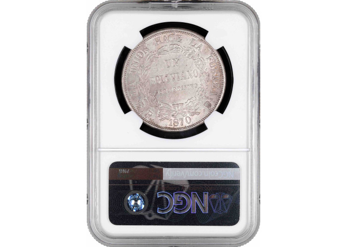 Bolivia 1 boliviano 1870 PTS ER, NGC MS62, "Republic of Bolivia (1870 - 1963)"