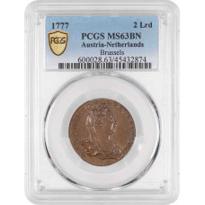 Austrian Netherlands 2 liards 1777, PCGS MS63 BN, "Maria Theresa (1740 - 1780)"