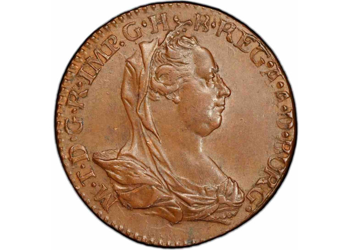Austrian Netherlands 2 liards 1777, PCGS MS63 BN, "Maria Theresa (1740 - 1780)"