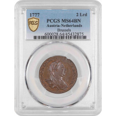 Austrian Netherlands 2 liards 1777, PCGS MS64 BN, "Maria Theresa (1740 - 1780)" Top Pop