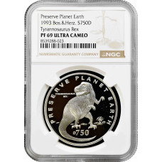 Bosnia & Herzegovina 750 dinara 1993, NGC PF69 UC, "Tyrannosaurus Rex" Top Pop