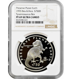 Bosnia & Herzegovina 750 dinara 1993, NGC PF69 UC, "Tyrannosaurus Rex" Top Pop