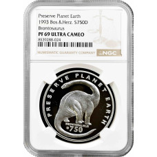 Bosnia & Herzegovina 750 dinara 1993, NGC PF69 UC, "Brontosaurus" silver coin