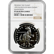 Остров Мэн 1 крона 1993 г., NGC PF68 UC, "Сохраним планету Игуанодон" Top Pop