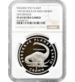 Isle of Man 1 crown 1993, NGC PF69 UC, "Preserve the Planet Diplodocus" Top Pop