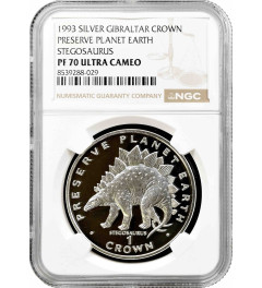 Gibraltar 1 crown 1993, NGC PF70 UC, "Preserve Planet Earth - Stegosaurus" Top Pop