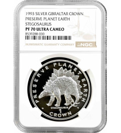 Gibraltar 1 crown 1993, NGC PF70 UC, "Preserve Planet Earth - Stegosaurus" Top Pop